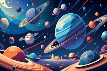Wall Mural - a colorful space scene with many planets and a blue planet in the middle