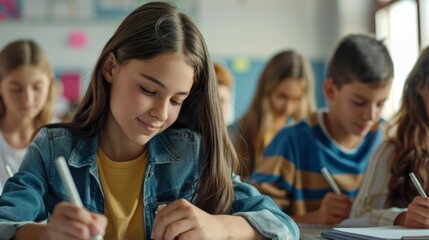 Wall Mural - A girl is writing in a classroom with other students