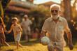 © Pavel - Old man playing ball with his grandchildren on the lawn at home, intergenerational play, outdoor fun, grandparenting joy