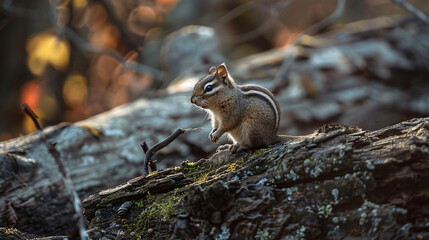 Wall Mural - A chipmunk perched on a weathered log, its cheeks bulging with foraged treasures