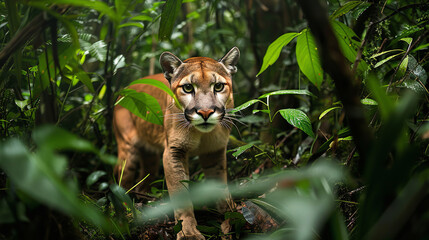 Wall Mural - A puma prowling through the dense undergrowth of a South American rainforest