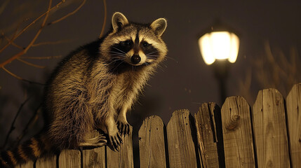 Wall Mural - A raccoon perched atop a wooden fence, its mask-like facial markings and ringed tail illuminated by the soft glow of a street lamp