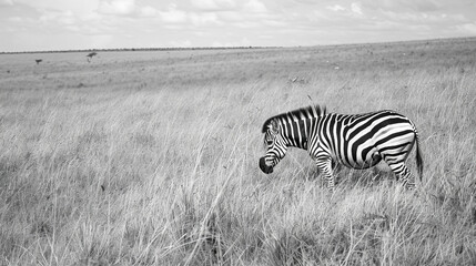 Wall Mural -  A zebra grazing peacefully on the savannah, its striking black and white stripes blending harmoniously with the golden grasses of its African habitat