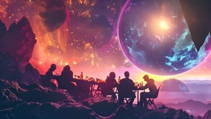 Wall Mural - a diverse group enjoys dinner on an alien planet, surrounded by stunning cosmic landscapes and vibra