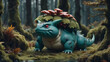 A realistic Venusaur animal among the trees, forest lake, moss, cold weather, dark teal and amber, Sony A7 IV