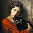 Painted portrait of young woman with red dress and black cat, neutral background