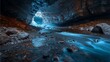 Wide angle photo of an ice cave, with a stream flowing through it,Generative AI illustration.