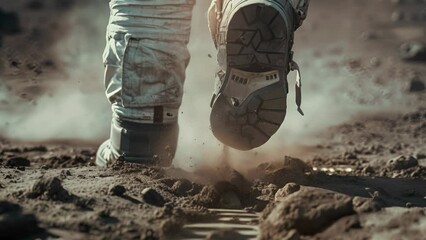 detailed view of astronaut feet in heavy boots leaving footprints on the moon's dusty terrain during