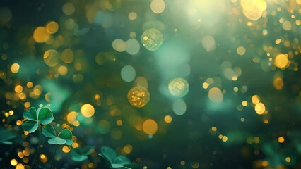 teal and gold bokeh lights with delicate clovers creating a backdrop of enchantment and serendipity 
