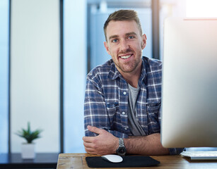 Leinwandbilder - Smile, computer and portrait of creative businessman in office with opportunity, confidence and tech startup. Web design, pride and happy face of online developer with professional career at agency