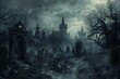 Scary halloween background with haunted castle and graveyard,  render