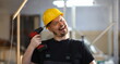 Idiot worker using electric drill portrait. Manual job DIY inspiration improvement fix shop yellow helmet joinery startup idea industrial education profession career concept