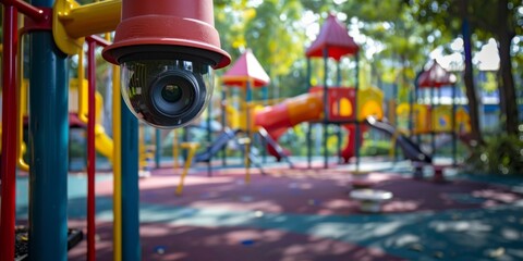 Wall Mural - Surveillance camera on the playground, children's safety. Generative AI