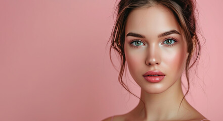 Studio portrait of a beautiful young woman posing against a grey background. Close-up portrait of a well-groomed attractive girl.