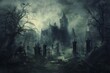 Gothic castle and graveyard in the fog,  Halloween background