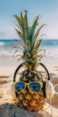 Wall Mural - A pineapple with sunglasses and headphones on the beach, summer concept