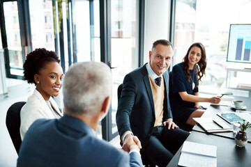 Aufkleber - Business people, meeting or office with tech and shaking hands for deal, thank you for global sales. Group, workplace or handshake with monitor and paperwork for international, b2b or collaboration