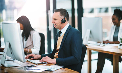 Aufkleber - Mature man, call centre and headphones in office as consultant for customer service or help. Happy, male person and telemarketing for communication with client for sales or support at company