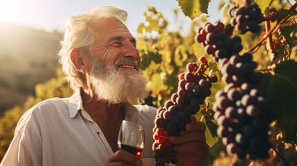 Portrait of a senior well-dressed winemaker checking the wine quality on the vineyard during a sunset. Concept of a winemaking in older age