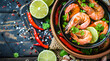 A bowl of shrimp and lime is on a wooden table. The shrimp are cut in half and are surrounded by a variety of spices and herbs. Generative AI