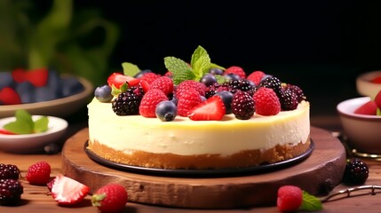 Wall Mural - Delicious cheesecake with fresh berries on a wooden table, closeup