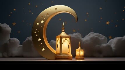 Canvas Print - Ramadan Kareem background with crescent moon and lantern. 3d rendering