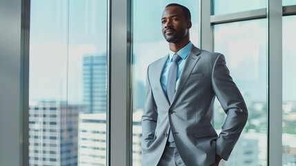 Confident young businessman in suit, standing in modern office. Successful corporate leader,