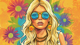 Fototapeta  - psychedelic hippie pop art girl, bright retro illustration