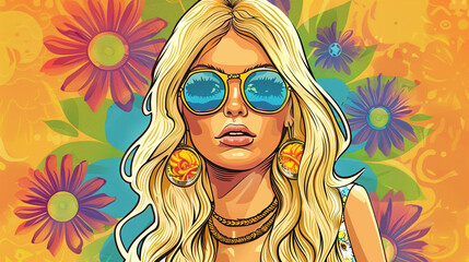 psychedelic hippie pop art girl, bright retro illustration