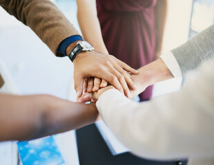 Poster - Hands, huddle and support with business people closeup in creative workplace for solidarity or unity. Collaboration, success and team building with employee designer group in office together