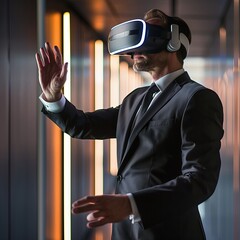 Poster - Man engages in VR simulation, technology for virtual reality, digital device enhances entertainment.