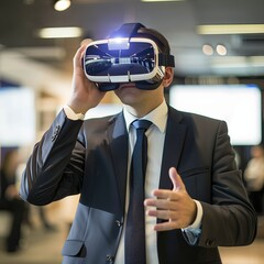 Aufkleber - Man with VR device, futuristic technology in virtual reality, entertainment innovation with glasses.