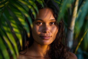 Poster - Portrait of beautiful young woman enjoying tropical summer vacation in lush green environment