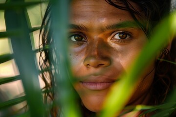 Poster - Portrait of beautiful young woman surrounded by lush green tropical leaves