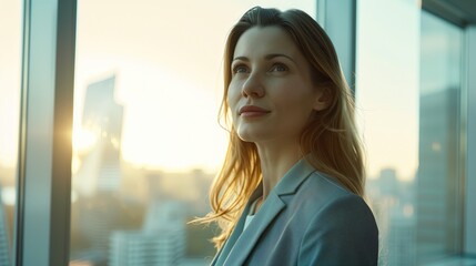 Poster - Stylish young woman enjoying city sunset, happy and free. Attractive brunette smiling outdoors,