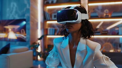 Poster - Woman using futuristic VR headset, virtual reality technology in glass device for entertainment.