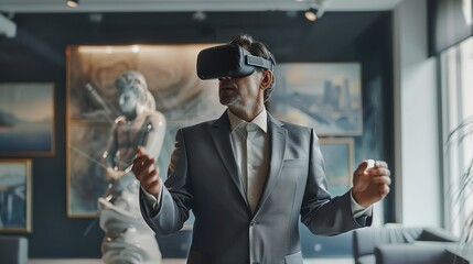 Poster - Young businessman enjoying virtual reality in office setting. Modern VR headset technology,