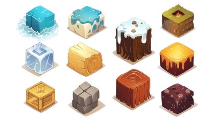 Poster - Colorful isometric gaming resources: crystals, boxes and magic elements for design and games