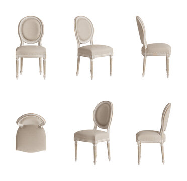 Set of six views of a classic chair with a beige seat, round back, a beige wooden frame, and legs isolated on a transparent background. Front view, top view, two sides, two perspectives. 3d render
