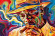 Vibrant and colorful abstract illustration of a man smoking a cigar