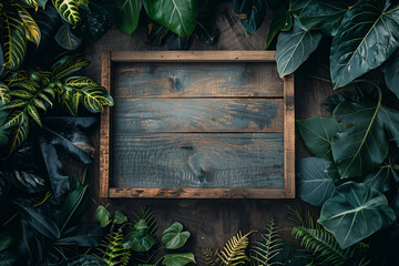 Wall Mural - wooden backdrop with tropical leaves, top view