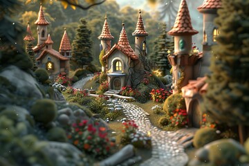 Wall Mural - AI generated illustration of a charming, magical 3D fantasy diorama with houses with little towers