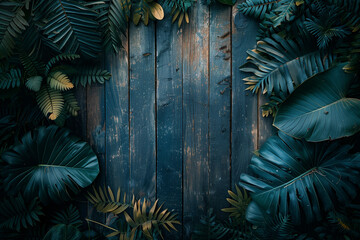 Wall Mural - close up wooden background with tropical plants, top view