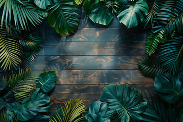 Wall Mural - tropical foliage on wooden boards