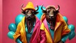 imaginative animal concept. A group of colorful, stylish buffalo isolated on a solid backdrop for an advertising with copy space. birthday celebration invitation banner

