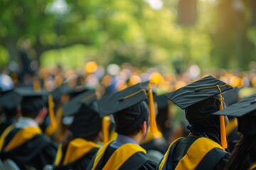 Poster - Closeup of graduation caps during the ceremony, with a blurred background showing students in chairs wearing black gowns and yellow tassels Generative AI
