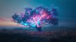 A surreal image of a tree with a luminous, colorful energy field