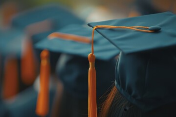 Wall Mural - Closeup of college graduate caps during graduation ceremony, blurred background Generative AI