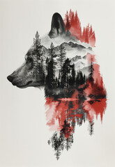  Wolf creative art illustration. Silhouette of a wolf head with a forest and sunset сoncept poster. Digital artistic raster bitmap illustration. AI artwork.	