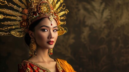 Wall Mural - Woman Beautiful model with regional cultural make-up and gold ornaments on her head AI generated image